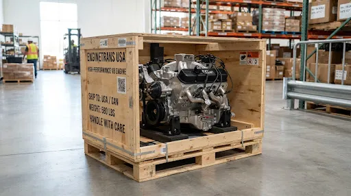 Heavy industrial wooden shipping crate containing a clean, fully assembled V8 automobile engine block with intake manifold ready for freight dispatch in a distribution warehouse.