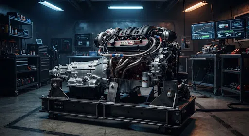 Heavy-duty V8 automobile engine and attached transmission assembly mounted on a dark metal industrial testing stand in a modern automotive dyno laboratory.