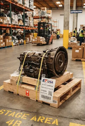 Commercial heavy-duty automatic transmission assembly strapped on a reinforced wooden pallet inside a modern powertrain logistics hub.